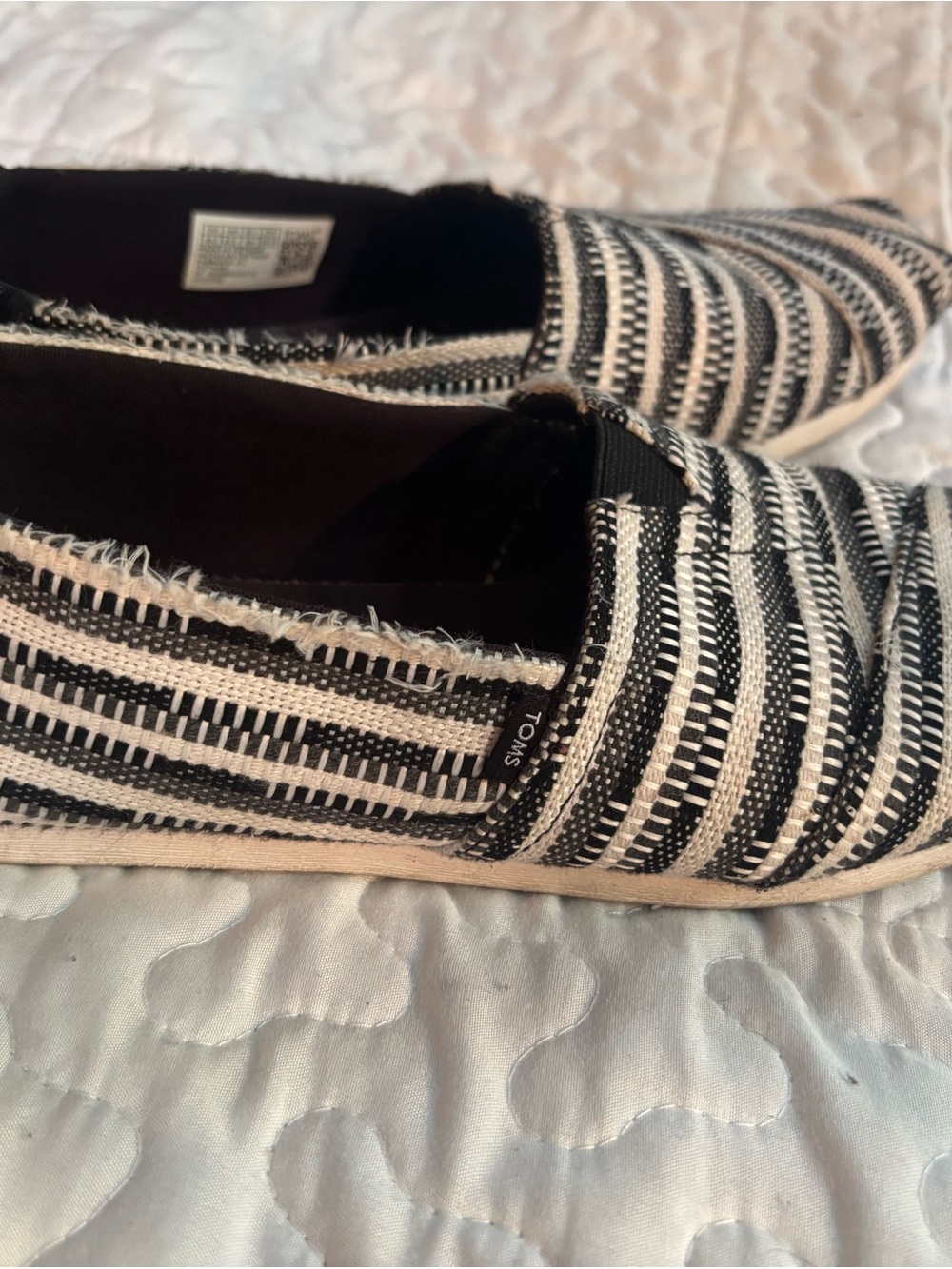 Toms Black and White Striped Canvas Slip-Ons